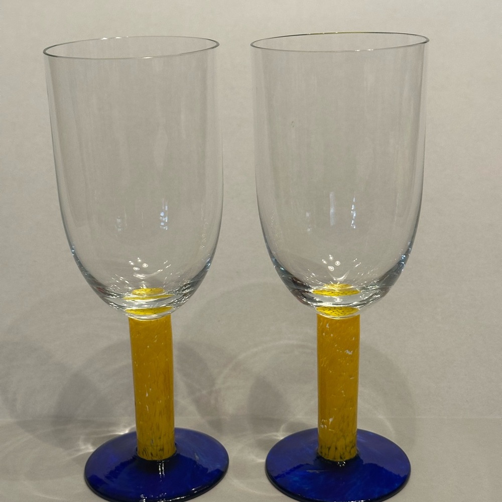 Dansk Vibrant Blue and Yellow Wine Glass Set Handblown Art Glass